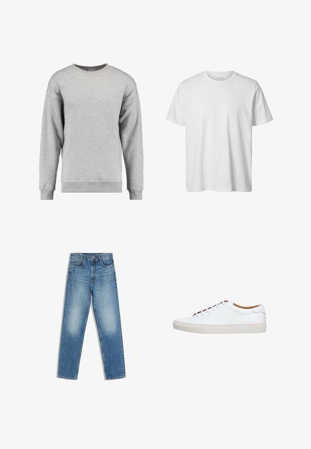 Lysegrå sweatshirt med lange ærmer og rund hals, med ribstrikkede manchetter og kant, ensfarvet blødt stof, ingen synlige mønstre eller logoer.; Enkelt hvid T-shirt med korte ærmer og rund hals, løs pasform og uden synlige logoer eller designs foran.; Blå denimjeans med høj talje, forreste knap og lynlås, to forlommer og falmede områder på lår og knæ.; Hvid lædersneaker med en tekstureret gummisål, rund tå og kontrasterende tanfarvet inderside. Har fem snørehuller og hvide snørebånd.