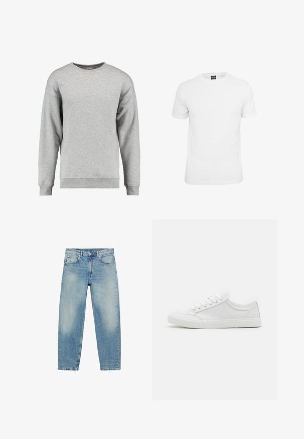 Lysegrå sweatshirt med lange ærmer og rund hals, med ribstrikkede manchetter og kant, ensfarvet blødt stof, ingen synlige mønstre eller logoer.; Hvid kortærmet t-shirt, lavet af bomuld, med en klassisk rund hals og en glat tekstur, designet til afslappet brug.; Blå straight-leg denim jeans med forlommer og bæltestropper, der viser let falmede detaljer på lår og knæ.; Hvide sneakers med en glat læderoverdel, rund tå, flad gummisål og seks øjestik til snørebånd. Subtile syninger og minimalistisk design.