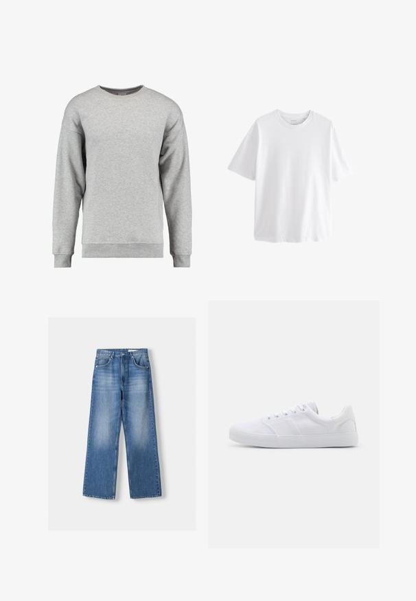 Lysegrå sweatshirt med lange ærmer og rund hals, med ribstrikkede manchetter og kant, ensfarvet blødt stof, ingen synlige mønstre eller logoer.; Simpel hvid T-shirt med korte ærmer og rund hals med en afslappet pasform på hvid baggrund.; Lyseblå denim brede bukser med høj talje, der har fem lommer og en falmet vask, syet kant og metalknaplukning.; Hvide lærreds sneakers med gummisål, der har seks snørehuller, en struktureret tåkap og et minimalistisk design.