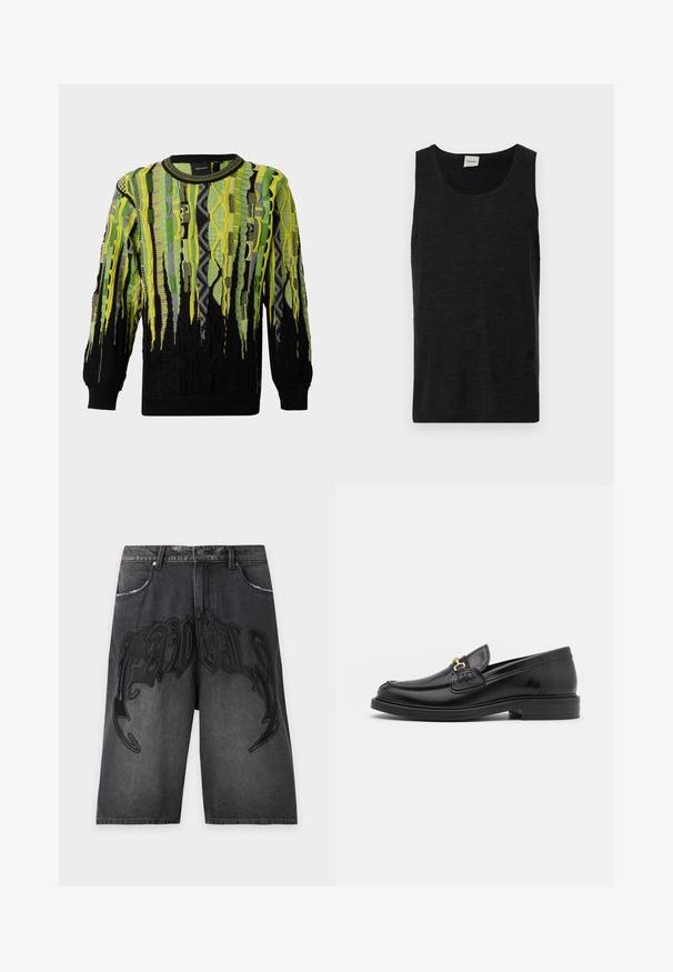 Pull en tricot à manches longues avec des motifs abstraits verticaux dans des tons verts, jaunes, noirs et gris, avec un col rond et des poignets côtelés.; Débardeur noir sans manches en matériau texturé. Doté d'un col rond et d'un accent logo discret près de l'ourlet. Design simple.; Short en jean noir délavé avec broderie noire de style gothique sur le devant et design classique à cinq poches sur fond uni.; Mocassins en cuir noir avec un embout rond, présentant des accents en métal doré et des détails de couture, montés sur une semelle en caoutchouc texturé et basse.