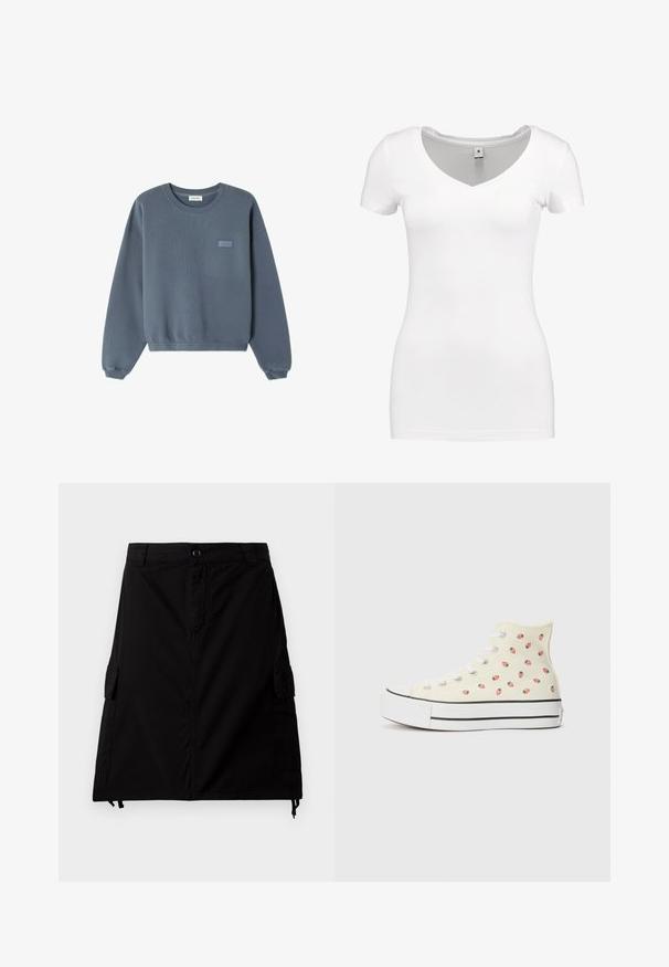 Blauer Baumwollpullover mit rundem Halsausschnitt, gerippten Bündchen und Saum. Auf der Vorderseite befindet sich ein kleines "American Vintage"-Logo in einer helleren Farbtönung.; G-STAR BASE - T-Shirt basic - white; Schwarzer Cargorock aus Mischbaumwolle mit geradem Schnitt, seitlichen Taschen, Knopfverschluss vorne und verstellbarem Kordelzug am Saum.; Gelbe Canvas-Hochschuhsneaker mit einem Muster aus kleinen roten Erdbeeren, weißen Schnürsenkeln und einer schwarz-gestreiften weißen Sohle.