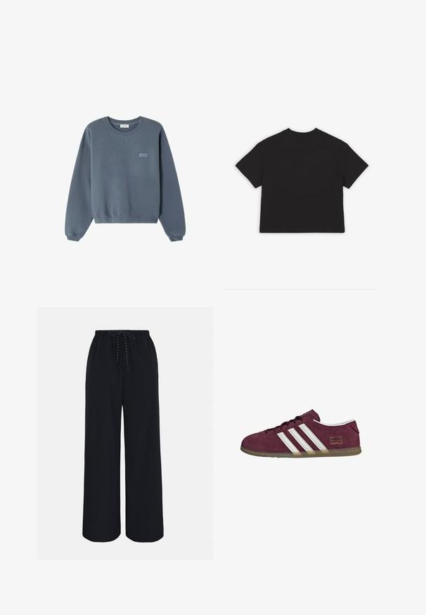 Blauer Baumwollpullover mit rundem Halsausschnitt, gerippten Bündchen und Saum. Auf der Vorderseite befindet sich ein kleines "American Vintage"-Logo in einer helleren Farbtönung.; Schwarzes, kurzes T-Shirt, kurze Ärmel, klassischer Rundhalsausschnitt, aus weichem Baumwollstoff gefertigt, schlichtes Design ohne Muster oder Akzente.; Schwarze Hosen mit weitem Bein, elastischem Bund und schwarz-weißem Kordelzug, vor neutralem Hintergrund präsentiert.; Sneaker aus kastanienbraunem Wildleder mit weißen Streifenakzenten, abgerundetem Zehenbereich und einer Laufsohle aus Kaugummirubber. Verfügt über ein Logoetikett an der Außenseite.