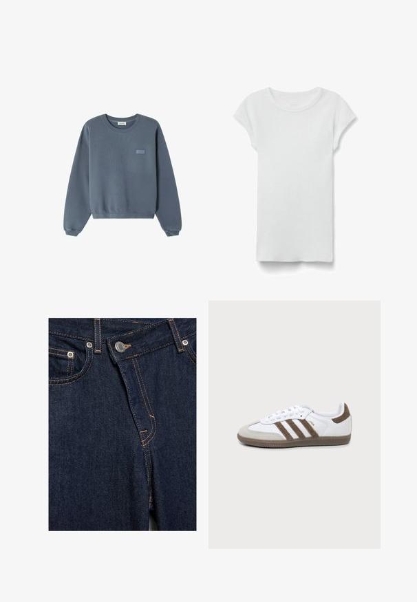 Blauwe katoenen sweatshirt met een ronde halslijn, geribde boorden en onderkant. Bevat een klein "American Vintage" logo in een lichtere tint aan de voorkant.; Wit geribd T-shirt met korte mouwen en ronde hals, plat liggend op een witte achtergrond, toont de voorkant en een eenvoudige casual stijl.; Close-up van donkerblauwe spijkerbroek voorkant met metalen knoop, ritssluiting, voorzakken en oranje stiksel.; Witte en bruine Adidas Samba sneaker met drie bruine strepen, veters en een textuurs van boven- tot zool, getoond vanaf de zijkant op een effen achtergrond.
