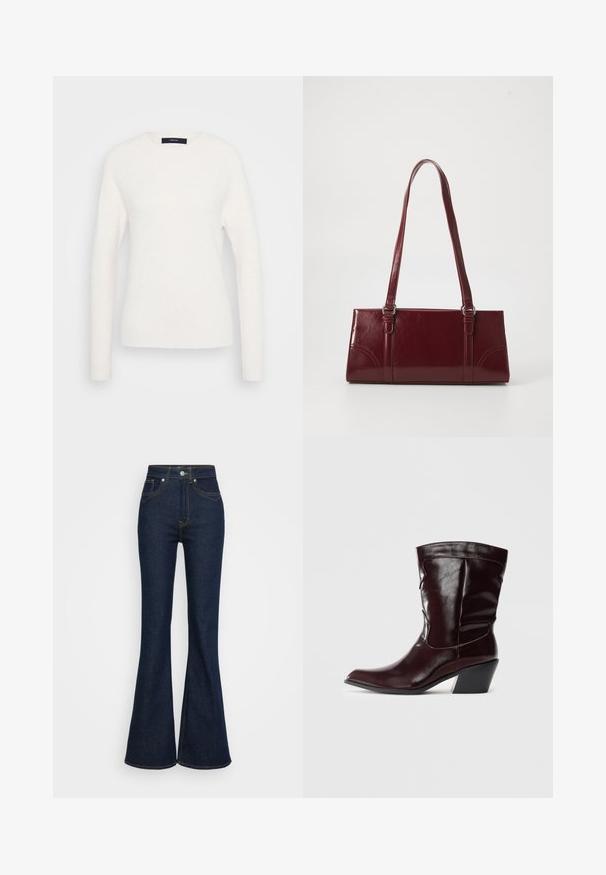 Pull blanc à manches longues avec col rond, doté de poignets et d'un ourlet côtelés, présenté sur un fond gris clair uni.; Jean en denim bleu foncé taille haute avec jambes évasées, poches avant et arrière, fermeture par bouton argenté et détails de couture orange.; Bottines en cuir bourgogne avec un bout pointu, une surface texturée et un petit talon effilé. Présente une couture discrète et un ajustement confortable.; Sac à main bordeaux en matériau brillant, de forme rectangulaire, avec deux anses et des accents légèrement courbés à l'avant.