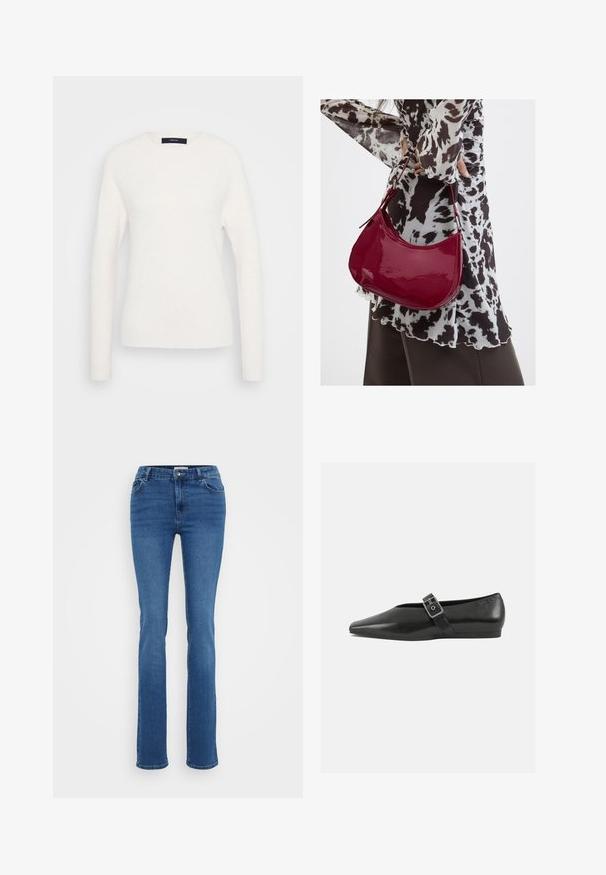 Pull blanc à manches longues avec col rond, doté de poignets et d'un ourlet côtelés, présenté sur un fond gris clair uni.; Jeans en denim bleu avec une coupe droite, un style à cinq poches et une fermeture à bouton à l'avant. Le tissu est lisse avec un léger délavage.; Chaussure plate en cuir noir avec un orteil pointu, présentant une sangle à boucle métallique sur le cou-de-pied et une semelle basse et flexible.; Femme portant un chemisier à motif noir et blanc tenant un sac à main rouge brillant sur un fond uni.