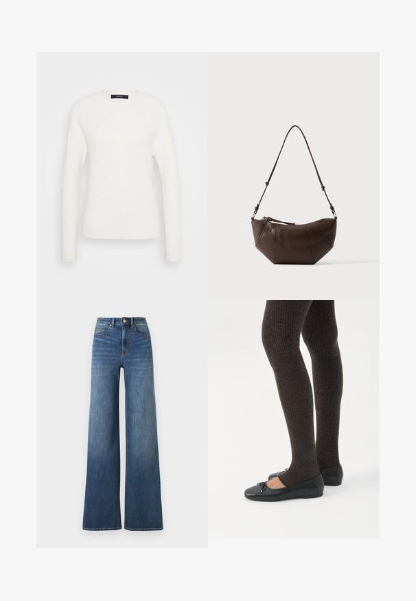 Pull blanc à manches longues avec col rond, doté de poignets et d'un ourlet côtelés, présenté sur un fond gris clair uni.; Jean en denim bleu taille haute avec jambes larges, fermeture avant par boutons et zip, et poches devant et derrière.; Jambes portant des leggings côtelés foncés associés à des ballerines noires avec de petits détails en nœud sur fond blanc.; Sac à bandoulière en cuir marron avec un fond incurvé et une sangle réglable sur un fond clair uni.