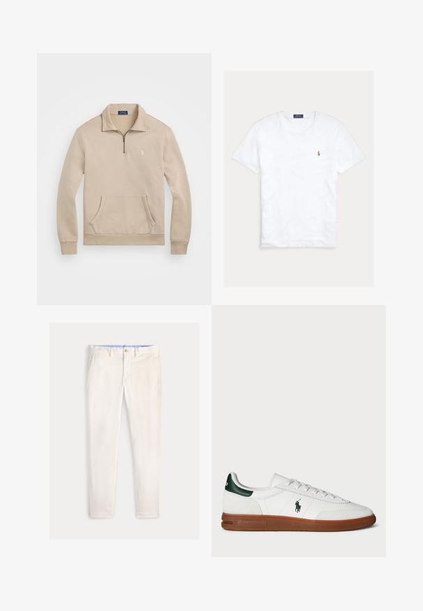 Beige pullover sweatshirt met een kwart-rits kraag, ribgebreide manchetten, een voorzak en een klein logo op de borst. Zacht, fleeceachtig materiaal.; Witte T-shirt met korte mouwen en ronde hals met klein geborduurd Polo Ralph Lauren-logo op de linkerborst en een blauw merklint binnenin de kraag.; Slim-fit herensbroek in off-white met voorzakken, riemlussen en een knoopsluiting op een effen achtergrond.; Witte leren sneaker met groene hielaccent, textuur van suède panel, rubberen zool en geborduurd logo op de zijkant. Voorzien van een vetersluiting.