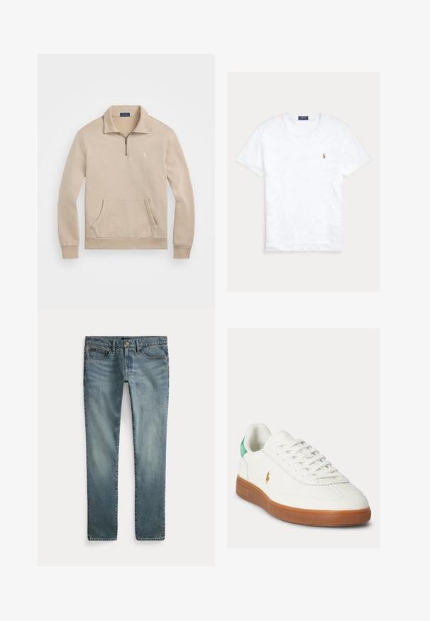 Beiger Pullover-Sweatshirt mit einem 1/4-Reißverschlusskragen, gerippten Bündchen, Fronttasche und einem kleinen Logo auf der Brust. Weiches, fleeceartiges Material.; Weißes T-Shirt mit Rundhalsausschnitt und kurzen Ärmeln, mit kleinem gesticktem Polo Ralph Lauren Logo auf der linken Brust und blauem Markenetikett innen am Kragen.; Blaue Jeans mit geradem Bein, vorderen Taschen, Gürtelschlaufen und Knopfverschluss.; Weißer Schnürsneaker mit brauner Gummisohle, grünem Fersenlasche und kleinem goldfarbenem Polo-Spieler-Logo an der Außenseite.