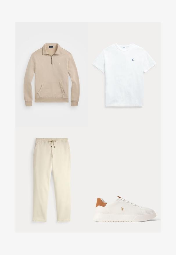 Beež pullover-sviiter, millel on veerand-tõmblukuga krae, soonikkoes mansetid, eesmine tasku ja väike logo rinnal. Pehme, fleece-tüüpi materjal.; Valge puuvillane T-särk lühikeste varrukatega, ümmargune kaelus ja väike laevamere sinine logo vasakul rinnal. Sile tekstuur ja klassikaline lõige.; Kreemjatavad vabaaja püksid elastse vöökoha ja tõmbluku, sirgete jalgade ja küljetaskutega tavalise tausta ees.; Valged madala säärega tossud, pruun kannaosa, valged paelad ja väike tikandiga polo mängija logo külje peal paksu taldmiku kohal.