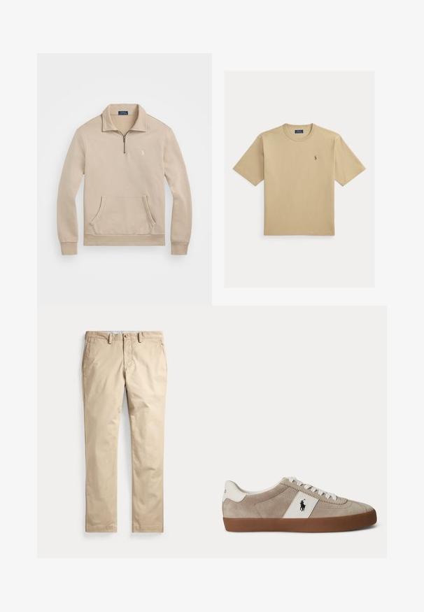 Beige pullover sweatshirt met een kwart-rits kraag, ribgebreide manchetten, een voorzak en een klein logo op de borst. Zacht, fleeceachtig materiaal.; Beige katoenen T-shirt met een ronde hals, korte mouwen en een klein geborduurd logo op de linkerborst. Soepele textuur, casual ontwerp.; Beige chino’s met een platte voorkant, riemlussen, zijzakken en een knoopsluiting bij de taille tegen een witte achtergrond.; Beige suède lage sneaker met witte veters, wit lederen accent met zwart paardenlogo en een bruine rubberen zool.