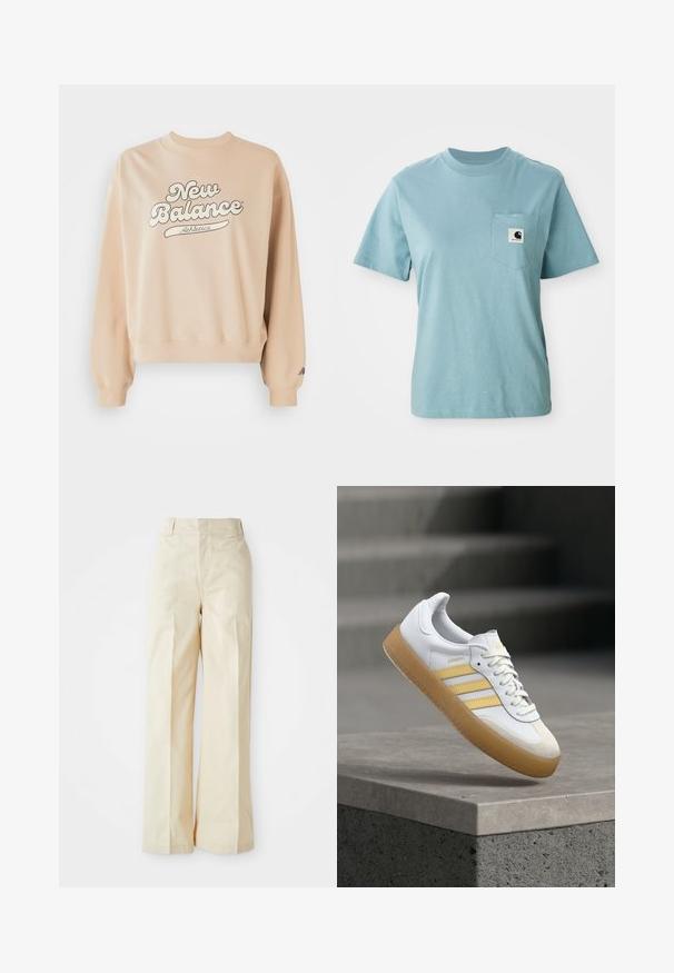 Beige Sweatshirt mit geripptem Kragen und Bündchen. Mit großem "New Balance Athletics" Logo in dunkelgrau. Weiche Textur, entspannter Schnitt.; Helles blaues, kurzärmliges Baumwoll-T-Shirt mit Brusttasche, das mit einem kleinen schwarz-weißen Carhartt-Logo-Patch versehen ist.; Beige weit geschnittene Hose mit hoher Taille, aus glattem Stoff und ordentlich gebügelten Vorderfalten, vor einem schlichten weißen Hintergrund.; Weißer Ledersneaker mit gelben Akzenten, drei Streifen und einer Gummisohle in Karamellfarbe. Verfügt über eine abgerundete Spitze und eine strukturierte Zunge.