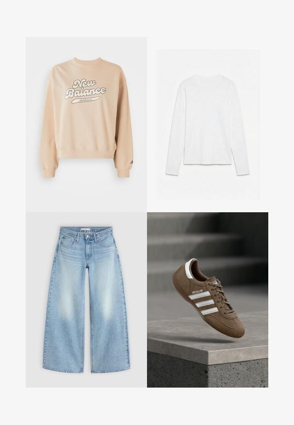 Beige Sweatshirt mit geripptem Kragen und Bündchen. Mit großem "New Balance Athletics" Logo in dunkelgrau. Weiche Textur, entspannter Schnitt.; Schlichtes weißes Langarm-T-Shirt mit Rundhalsausschnitt, flach auf einer weißen Oberfläche liegend, Vorderseite und gesamte Ärmellänge sichtbar.; Hellblaue, hoch taillierte, weit geschnittene Jeans mit vorderen Taschen, Gürtelschlaufen und ausgebleichten Stellen an den Oberschenkeln, flach auf hellem Hintergrund liegend.; Brauner Adidas Spezial Sneaker aus Wildleder mit weißen Streifen und Schnürsenkeln, schwebt über einer grauen Betonkante vor unscharfem Treppenhintergrund.