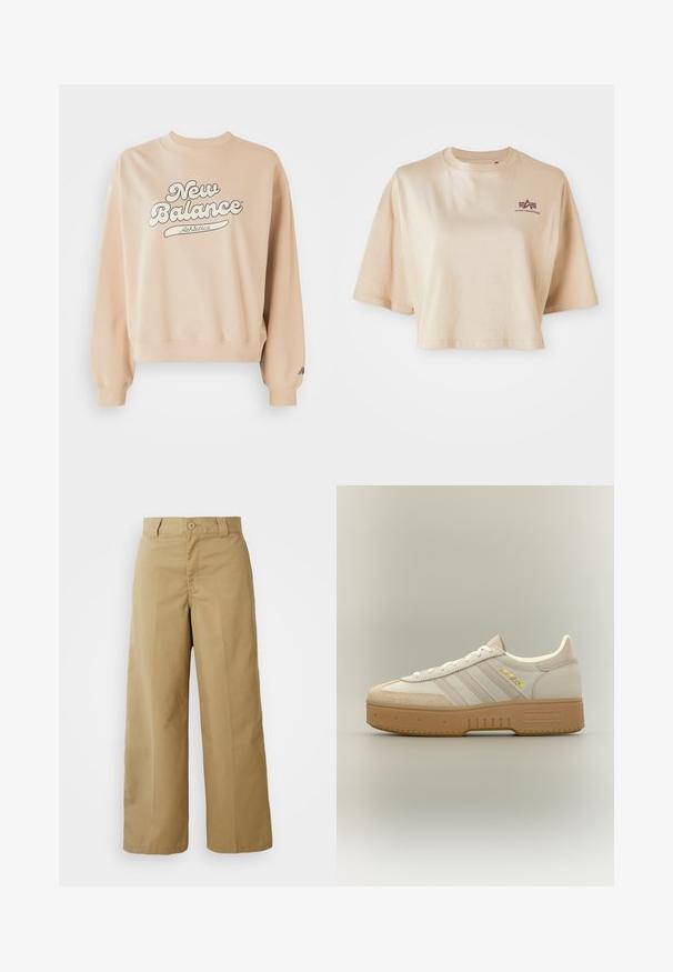 Beige Sweatshirt mit geripptem Kragen und Bündchen. Mit großem "New Balance Athletics" Logo in dunkelgrau. Weiche Textur, entspannter Schnitt.; Beige, verkürztes T-Shirt aus Baumwolle mit kurzen Ärmeln, rundem Halsausschnitt und einem bordeauxroten Logo-Graphic auf der linken Brust.; Beigeweite Hose aus einem Baumwoll-Mischgewebe, mit einem Knopfverschluss, Gürtelschlaufen und Fronttaschen.; Cremefarbener und beiger Adidas-Sneaker mit Gummisohle, drei Streifen an der Seite und "SPECIAL" in Goldschrift nahe den Schnürsenkeln.