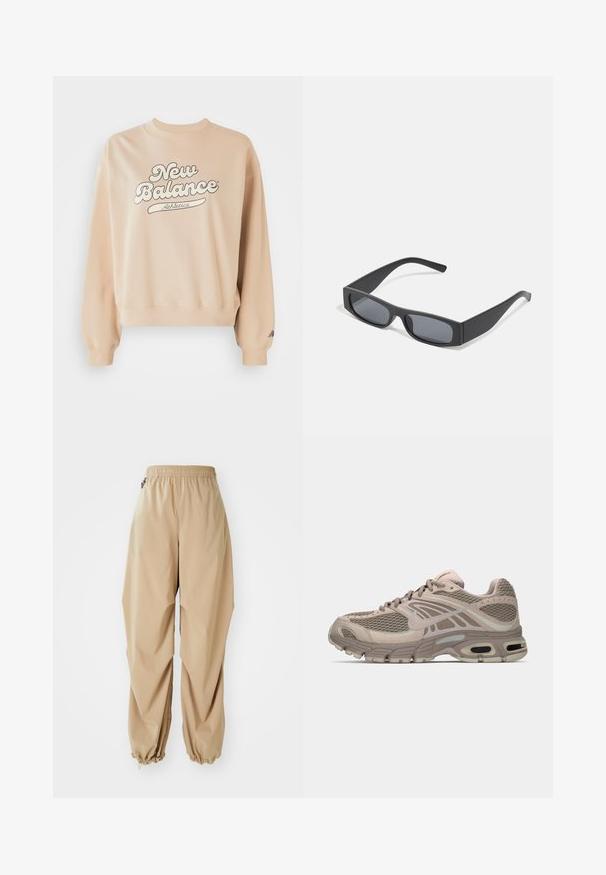 Beige dressipluus ribatera ja varrukaotstega. Suurel tumedashallil "New Balance Athletics" logol. Pehme tekstuur, lõdva istuvusega.; Beežid kerged püksid elastse vöökohtaga, kitsenevate sääreotsadega ja sileda tekstuuriga. Püksid on lõdva lõikega ning neil ei ole nähtavaid mustreid ega kaunistusi.; Bež spordijalanöör, millel on võrgusilma ülemine osa, vormitud detailid, ümar varvas ja nähtav õhkpadjandus tallas. Paelad neutraalses toonis.; Mustad ristkülikukujulised prillid tumepruunide objektiividega ja paksude mattmustade raamidega. Raamide varred on veidi kitsenenud ja neil on sile tekstuur.