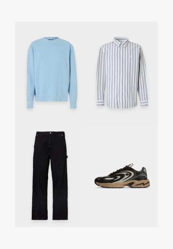 Sweatshirt bleu clair à col rond en coton. Présente des poignets et un ourlet côtelés, avec un petit logo brodé sur la poitrine. Texture lisse.; Chemise pour homme à boutons avec rayures verticales grises et blanches, manches longues, et petit logo sur la poitrine. Tissu en coton, col classique.; Pantalon en denim noir à coupe droite, doté d'une braguette à boutons et fermeture éclair, de poches latérales et de légères variations de texture.; Baskets noires et beiges avec motifs ondulés, design à lacets et semelle épaisse sur fond clair uni.