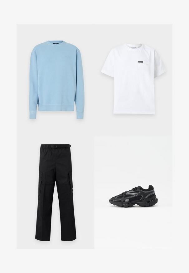 Sweatshirt bleu clair à col rond en coton. Présente des poignets et un ourlet côtelés, avec un petit logo brodé sur la poitrine. Texture lisse.; T-shirt blanc à manches courtes et col rond avec petite poche poitrine ornée d'un écusson logo Columbia noir.; Pantalons cargo noirs avec une coupe large, une taille ajustable avec une boucle et deux poches latérales pour le rangement. Tissu léger.; Baskets de sport noires avec tige en mesh et synthétique. Comprend une semelle texturée, des accents réfléchissants et un talon renforcé.