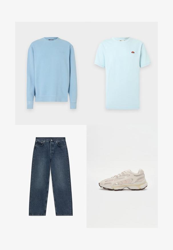 Sweatshirt bleu clair à col rond en coton. Présente des poignets et un ourlet côtelés, avec un petit logo brodé sur la poitrine. Texture lisse.; T-shirt bleu clair à col rond et manches courtes, avec un petit logo en demi-cercle rouge et orange sur la poitrine gauche.; Jean en denim bleu foncé à jambes droites avec cinq poches et fermeture par boutons, étalé à plat sur un fond blanc.; Chaussure de sport beige clair avec tige en maille, accents texturés et détails dorés. Dispose d'une semelle intermédiaire blanche épaisse et d'une semelle extérieure en caoutchouc.