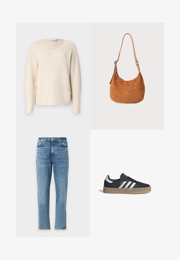 Suéter color beige claro en una tela suave y texturizada. Presenta un escote en V, mangas largas y aberturas laterales para mayor comodidad. Diseño simple y minimalista.; Jeans de mezclilla azul claro con cintura alta, diseño de pierna recta y textura desgastada. Presentan herrajes plateados y costuras en contraste.; Zapatilla deportiva de cuero negro con tres rayas plateadas, punta texturizada y suela de goma. Cuenta con un collar acolchado y un diseño con cordones.; Bolso de hombro de ante marrón claro con un diseño curvado, correa ajustable, cremallera metálica y detalle de logo en relieve en la parte frontal.