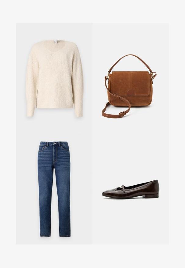 Suéter color beige claro en una tela suave y texturizada. Presenta un escote en V, mangas largas y aberturas laterales para mayor comodidad. Diseño simple y minimalista.; Jeans de mezclilla azul de cintura alta con pierna recta, que cuentan con un ligero desgaste, cierre de un botón y diseño de cinco bolsillos.; Zapato Mary Jane de piel patentada marrón oscuro con tacón bajo, puntera redondeada y pequeña correa con hebilla en la parte superior.; Bolso cruzado de ante marrón con un asa en la parte superior, tapa frontal y herrajes en tono dorado. Presenta un acento de cuero en la base de la tapa.