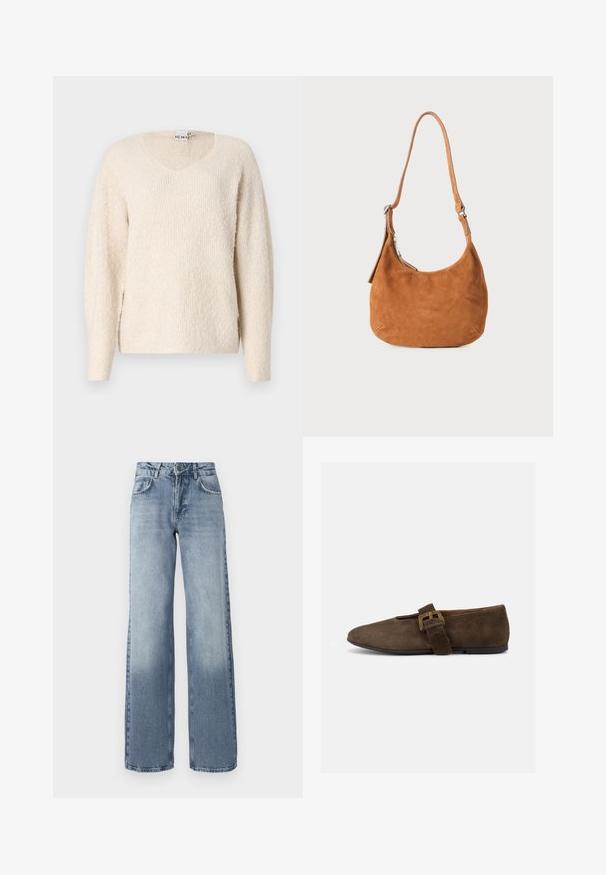 Suéter color beige claro en una tela suave y texturizada. Presenta un escote en V, mangas largas y aberturas laterales para mayor comodidad. Diseño simple y minimalista.; Jeans de mezclilla azul de pierna ancha con un lavado claro, cierre de cremallera, diseño de cinco bolsillos y un ligero desgaste cerca de los tobillos.; Zapato plano de ante marrón con tira ancha y hebilla dorada, puntera redondeada y suela baja negra, mostrado de perfil sobre fondo blanco.; Bolso de hombro de ante marrón claro con un diseño curvado, correa ajustable, cremallera metálica y detalle de logo en relieve en la parte frontal.