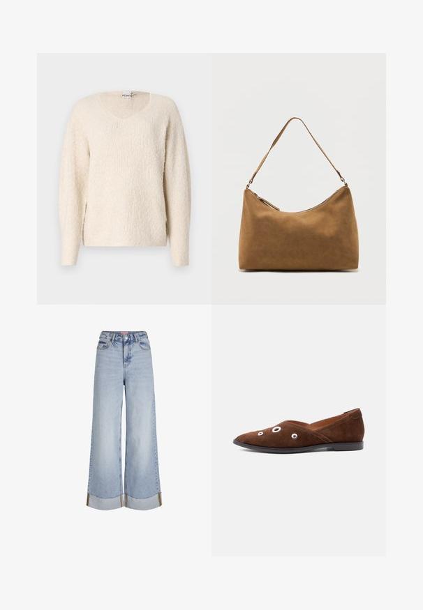 Suéter color beige claro en una tela suave y texturizada. Presenta un escote en V, mangas largas y aberturas laterales para mayor comodidad. Diseño simple y minimalista.; Vaqueros de pierna ancha de color azul claro con cintura alta, dobladillos deshilachados y detalles de costura en contraste, fabricados en tejido de mezclilla.; Zapato plano de ante marrón con tres ojales metálicos en la parte delantera y una suela negra baja, mostrado de perfil.; Bolso de hombro de ante marrón con una sola correa y cierre de cremallera superior, exhibido sobre un fondo blanco liso.