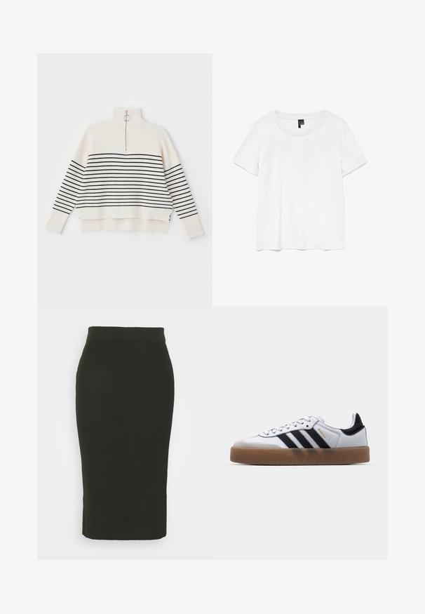 Pull blanc à côtes avec un col montant, orné de rayures horizontales noires et d'une demi-fermeture éclair au col. Fini avec une coupe décontractée.; T-shirt blanc à manches courtes avec un col rond, fabriqué en tissu léger. Design simple, texture lisse et ourlet droit.; ONLY ONLPEACH PENCIL MIDI SKIRT - Jupe crayon - duffel bag; Baskets en cuir blanc avec des rayures noires, semelle extérieure en caoutchouc beige, bout rond, fermeture lacée et embout en suède gris doux.