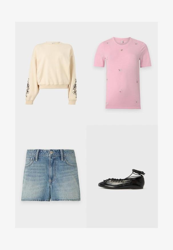 Sweat-shirt beige à col rond avec de longues manches ballon, broderie florale noire sur les deux avant-bras, poignets et ceinture côtelés.; T-shirt rose à manches courtes avec petits motifs floraux brodés éparpillés de différentes couleurs, col rond, fond uni.; Shorts en denim bleu clair avec bouton à l'avant, fermeture éclair, passants de ceinture et poches avant, posés à plat sur un fond blanc.; Ballerines en cuir verni noir avec un bout rond, un design à lacets et une semelle plate. Texture lisse avec peu de détails.
