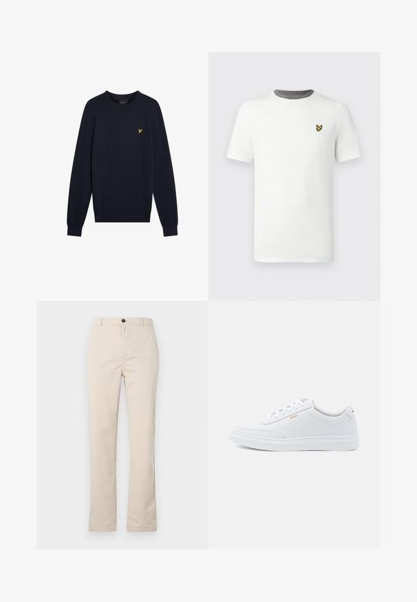 Pull en tricot bleu marine avec col rond, manches longues et un petit emblème d'aigle jaune sur la poitrine. Texture lisse, poignets ajustés.; T-shirt en coton blanc avec col rond, manches courtes, et col gris ; présente un petit logo jaune brodé sur la poitrine.; Pantalons en coton beige clair avec une coupe droite, dotés d'une fermeture à bouton à l'avant, d'une braguette zippée et de détails de couture minimalistes.; Baskets blanches en cuir avec une texture lisse, bout rond et coutures tonales. Possède des lacets bleus et un logo doré sur le côté.