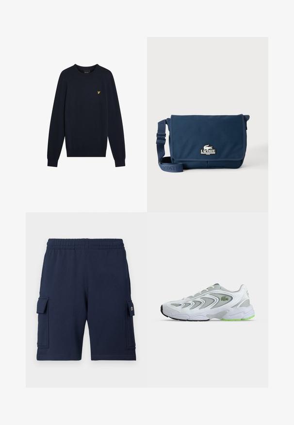 Donkerblauwe gebreide trui met een ronde hals, lange mouwen en een klein geel arendslogo op de borst. Gladde textuur, aansluitende manchetten.; Marineblauwe cargoshorts gemaakt van zachte stof, met een elastische tailleband, twee zijzakken en een klein logoaccent op de linkerzak.; Witte en grijze sportschoen met groene accenten en logo, meshpanelen en een dikke, gedempte zool, zijaanzicht op een effen achtergrond.; Marineblauwe Lacoste messenger bag met verstelbare riem en logopatch op de voorslag, tegen een effen lichte achtergrond.