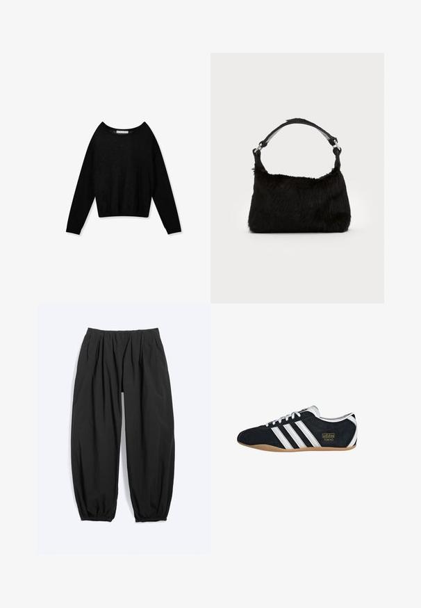Jersey negro de punto con manga larga, cuello redondo y puños ajustados, mostrado sobre un fondo blanco.; Pantalones negros holgados con pierna estrecha, cintura elástica y puños en los tobillos, hechos de tela ligera.; Zapatillas de ante negro con tres franjas blancas, logotipo dorado y suela de goma marrón. Presentan un diseño de cordones de perfil bajo.; Bolso de mano de piel sintética negra con una textura suave, forma redondeada y una resistente correa de cuero negro para el hombro. Acentos de herrajes plateados visibles.
