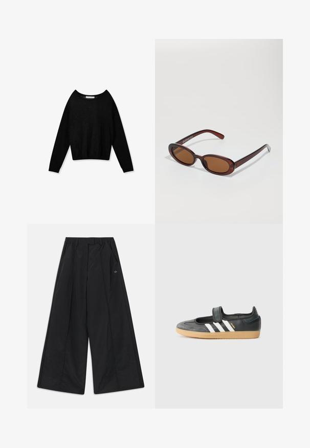 Jersey negro de punto con manga larga, cuello redondo y puños ajustados, mostrado sobre un fondo blanco.; Pantalones negros de pierna ancha con bolsillos laterales, trabillas para cinturón, pliegues delanteros y un pequeño logo de Adidas en el lado derecho.; Zapatilla de deporte de cuero negro y ante con una correa de Velcro, que presenta tres rayas blancas y una suela de goma, etiquetada "SAMBA" en el lateral.; Gafas de sol redondas con tinte marrón y un marco burdeos brillante. Patillas delgadas con un sutil detalle de marca. Diseño de lentes planos.