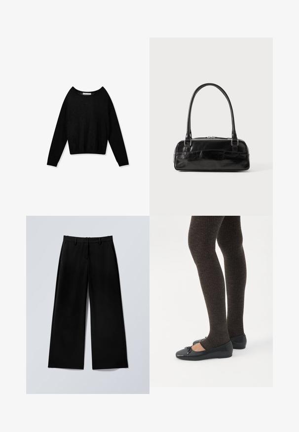 Jersey negro de punto con manga larga, cuello redondo y puños ajustados, mostrado sobre un fondo blanco.; Pantalones negros de pierna ancha con trabillas para cinturón, cremallera frontal y bolsillos laterales, extendidos sobre una superficie gris claro.; Piernas con leggings oscuros acanalados combinados con bailarinas negras que presentan pequeños detalles de lazo sobre un fondo blanco.; Bolso de mano de cuero negro con forma rectangular, equipado con un asa estructurada, herrajes en plata y cierre de cremallera. Textura suave.