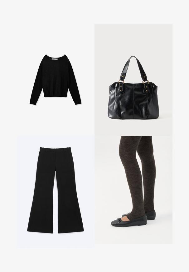 Jersey negro de punto con manga larga, cuello redondo y puños ajustados, mostrado sobre un fondo blanco.; Pantalones negros de pierna ancha con trabillas y bolsillos laterales, exhibidos planos sobre un fondo blanco.; Piernas con leggings oscuros acanalados combinados con bailarinas negras que presentan pequeños detalles de lazo sobre un fondo blanco.; Bolso de cuero negro para el hombro con doble asa unida por anillas y remaches dorados, superficie lisa y ligeramente brillante, diseño sencillo.