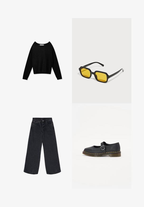 Jersey negro de punto con manga larga, cuello redondo y puños ajustados, mostrado sobre un fondo blanco.; Jeans de pierna ancha en negro, confeccionados en denim, con una cintura alta, remaches de cobre y un acabado limpio en el dobladillo, que ofrecen una silueta relajada.; Zapatos Mary Jane de cuero negro con punta redonda, hebilla ajustable, costuras amarillas y suela de goma marrón gruesa.; Gafas de sol negras rectangulares con lentes amarillos. Presentan montura gruesa y un diseño angular con un acabado liso y brillante.