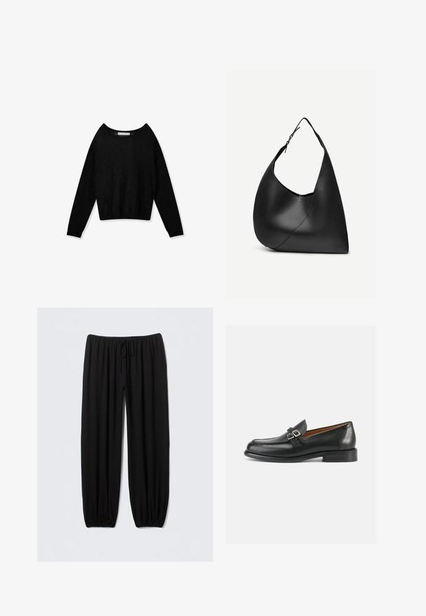 Jersey negro de punto con manga larga, cuello redondo y puños ajustados, mostrado sobre un fondo blanco.; Pantalones negros de corte holgado hechos de tela suave; cuentan con una cintura elástica con cordón ajustable, tobillos estrechos y sin estampados.; Mocasines de cuero negro con un diseño bordado, con un detalle de doble hebilla y un tacón ligeramente elevado para añadir altura.; Bolso de hombro de cuero negro con forma triangular curva, una única correa ajustable y una costura diagonal visible en el frente.