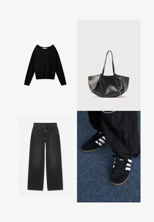 Jersey negro de punto con manga larga, cuello redondo y puños ajustados, mostrado sobre un fondo blanco.; Vaqueros negros de pierna ancha con botones y cremallera frontal, trabillas para cinturón y diseño de cinco bolsillos sobre un fondo blanco liso.; Zapatillas deportivas de ante negro con tres rayas blancas y cordones negros. Un pantalón negro texturizado es parcialmente visible al lado de las zapatillas.; Bolso de hombro de cuero negro con dos asas largas, una forma suave y redondeada, y detalles de botones en cada lado.