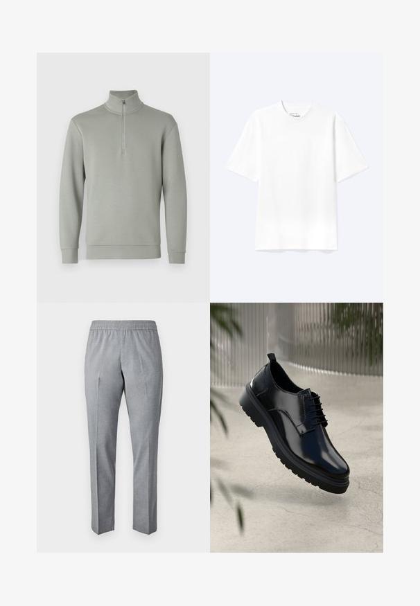 Sudadera gris claro con cuello alto y media cremallera. Tejido suave, mangas largas y dobladillo recto. Sin patrones ni acentos adicionales.; Camiseta lisa blanca de manga corta y cuello redondo con un corte relajado, mostrada sobre un fondo claro.; Pantalones grises de tela trenzada con cintura elástica, corte recto y pliegue en la parte delantera. La textura del tejido parece suave y ligera.; Zapato de cuero negro con un acabado brillante, puntera redonda, diseño de cordones, costuras de contraste y una suela de goma gruesa con patrones de tracción.