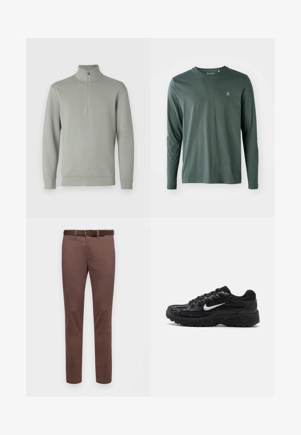 Lys grå sweatshirt med høj krave og halvlængde lynlås. Blødt stof, lange ærmer og lige kant. Ingen mønstre eller yderligere detaljer.; Langærmet skjorte i mørkegrøn bomuld med rund hals, subtil struktur og lille hvid "M OP" logo på venstre bryst.; Brune bomuldsbukser med lige snit, der har en glat overflade og et matchende bælte. Ingen synlige mønstre eller detaljer.; Sorte atletiske sko med en tekstureret mesh-overdel og gummisål. Ikonisk hvid swoosh-logo på siden, med snørebåndsdesign.