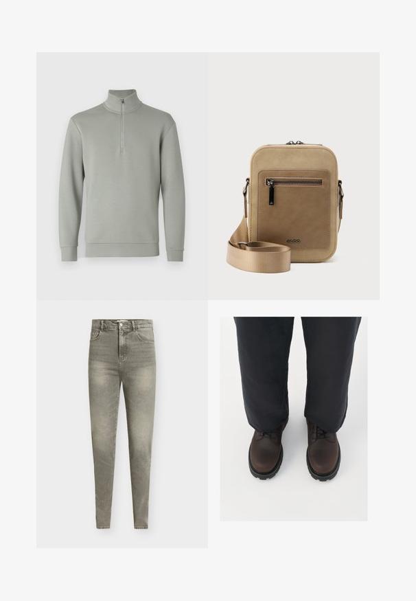 Vaaleanharmaa huppari, jossa on korkea kaulus ja puolivaraus. Pehmeä kangas, pitkät hihat ja suora helma. Ei kuvioita tai lisäkoristeita.; Vaaleanharmaat denimskinnyfarkut, joissa on korkeavyötärö, viiden taskun muotoilu, lievää kulutusta ja hienovaraista haalistumista koko kankaalla.; Ruosteenruskeat nahkakengät nauhalla, pyöreällä kärjellä, mustalla kumipohjalla ja teksturoidulla yksityiskohdalla, yhdistettyinä väljiin tummiin housuihin.; Pieni beige olkalaukku, jossa etuosan vetoketjutasku, metallinen ALDO-logo, säädettävä leveä olkahihna ja pyöristetyn suorakaiteen muoto valkoisella taustalla.