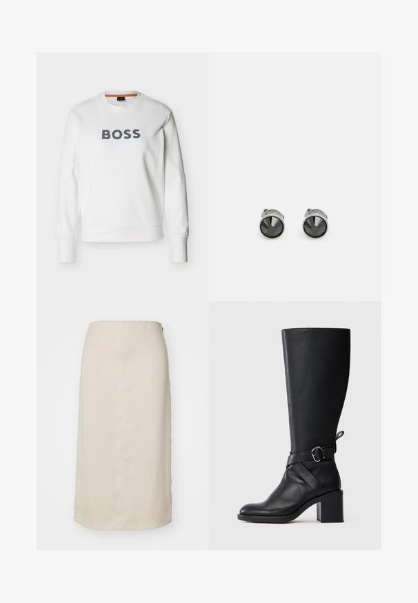 Sweatshirt blanc à manches longues et col rond avec l'inscription « BOSS » en grosses lettres grises centrée sur la poitrine.; Jupe crayon beige avec une texture lisse, de longueur genou, et une fermeture éclair dissimulée à l'arrière. Style minimaliste, sans motifs.; Botte en cuir noir mi-mollet avec talon carré et bande décorative avec boucle en argent sur fond clair uni.; Guess STUDS - Boucles d'oreilles - black