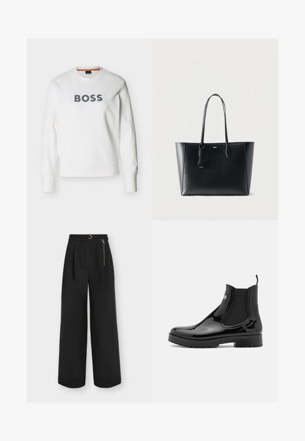 Sweatshirt blanc à manches longues et col rond avec l'inscription « BOSS » en grosses lettres grises centrée sur la poitrine.; Pantalon noir taille haute à jambes larges avec plis, ceinture assortie avec boucle dorée et accessoire chaîne dorée sur le côté droit.; HUGO TABITA - Bottes en caoutchouc - black; Sac fourre-tout en cuir noir avec de longues bandoulières et un petit logo doré "BOSS" sur le devant, présenté sur un fond clair uni.