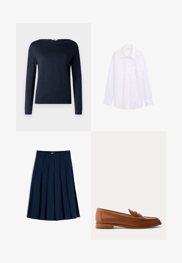 Navyblå langærmet sweater med rund hals og ribbede manchetter og kant, vist mod en simpel hvid baggrund.; Hvid langærmet skjorte lavet af bomuld, med knaplukning foran, krave og en enkelt brystsæk. Glat, ensartet tekstur.; Fløjlsblå plisseret nederdel med bæltestropper og en lille rød, hvid og blå logotags på linningen, vist på en hvid baggrund.; Brun læderloafer med lavt træsål, klassisk penny-rem og syet detalje langs tå og sider.