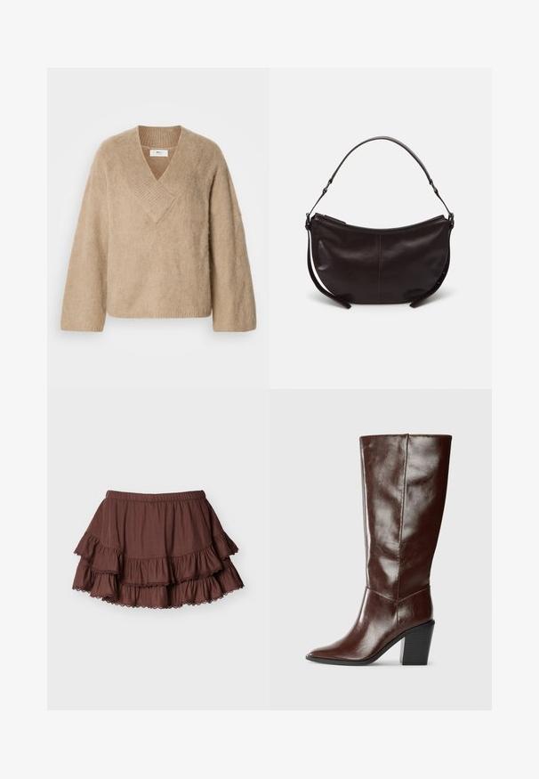 Pull en tricot beige duveteux avec un large col en V et des manches longues, présenté sur un fond blanc.; Mini-jupe marron à volants superposés avec une ceinture élastique et des volants bordés de dentelle sur un fond clair uni.; Botte haute en cuir marron foncé avec un bout pointu et un talon empilé, présentée de côté sur un fond uni.; Sac à épaule en cuir marron foncé avec une forme courbe, texture lisse et une seule sangle réglable. Doté d'une fermeture éclair.
