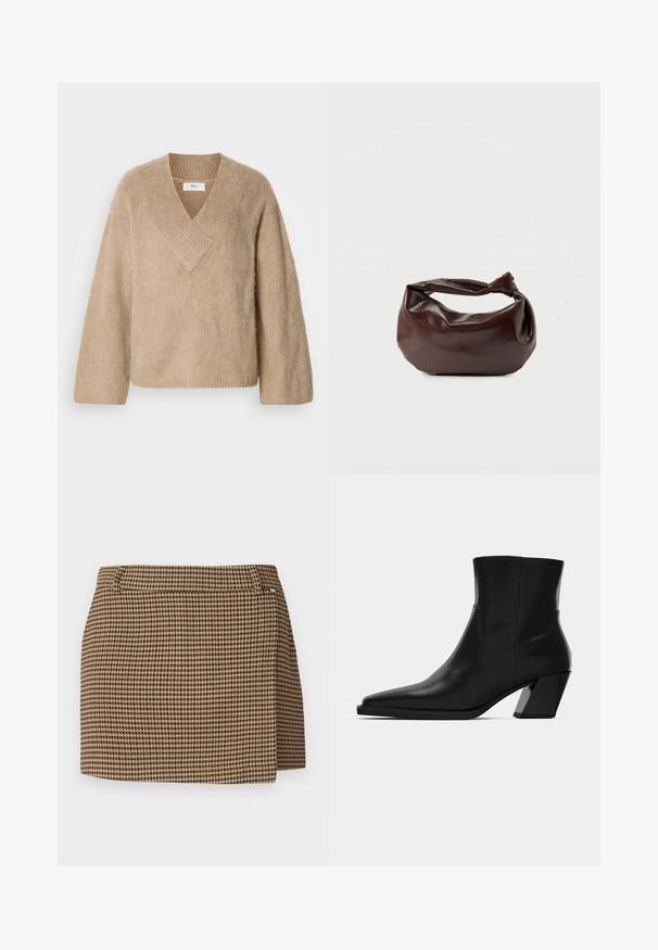 Suéter de punto beige esponjoso con cuello en V amplio y mangas largas, exhibido sobre un fondo blanco.; Mini falda de patrón de espiga en marrón y beige con un ligero detalle de envoltura y presillas para cinturón sobre un fondo blanco.; Bota de tobillo de cuero negro con punta afilada, una silueta elegante y un tacón cuadrado grueso. Textura suave con detalles de costura mínimos.; Bolso de hombro de cuero marrón oscuro con una forma suave y caída, y un asa con nudo torcido sobre un fondo blanco liso.
