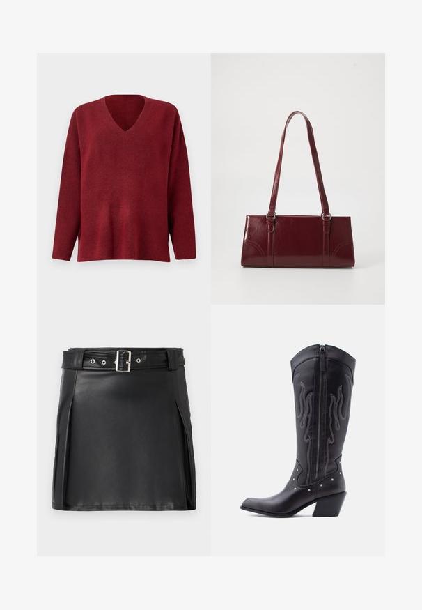 Pull-over v neck rouge à manches longues, fabriqué en tissu texturé doux, offrant une coupe décontractée et des fentes sur les côtés à l'ourlet.; Jupe mini en faux cuir noir avec un design ajusté, des plis latéraux et une ceinture avec une boucle argentée et des œillets. Texture lisse, taille haute.; Bottes de cow-boy en cuir noir avec bout pointu, coutures apparentes, ornements à clous argentés et fermeture éclair sur le côté intérieur.; Sac à main bordeaux en matériau brillant, de forme rectangulaire, avec deux anses et des accents légèrement courbés à l'avant.