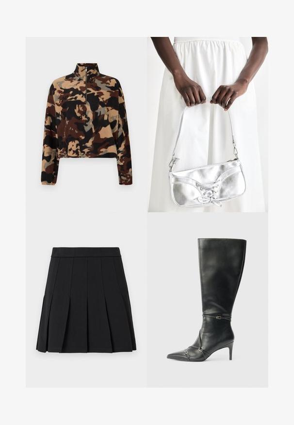 Pull-over en polaire à manches longues avec un motif camouflage brun, noir et beige, doté d'un col zippé mi-hauteur et de poignets élastiques.; Jupe plissée noire en tissu lisse. Elle présente une large ceinture et plusieurs plis aiguille verticaux.; Bottes noires en cuir montant jusqu'au genou, avec un talon fin, un bout pointu et des détails de lanière à la cheville. Texture lisse et design ajusté.; Sac à main en métal argenté avec un détail à lacets, arborant un design épuré et une courte sangle. Le sac est tenu dans les mains, mettant en valeur sa texture.