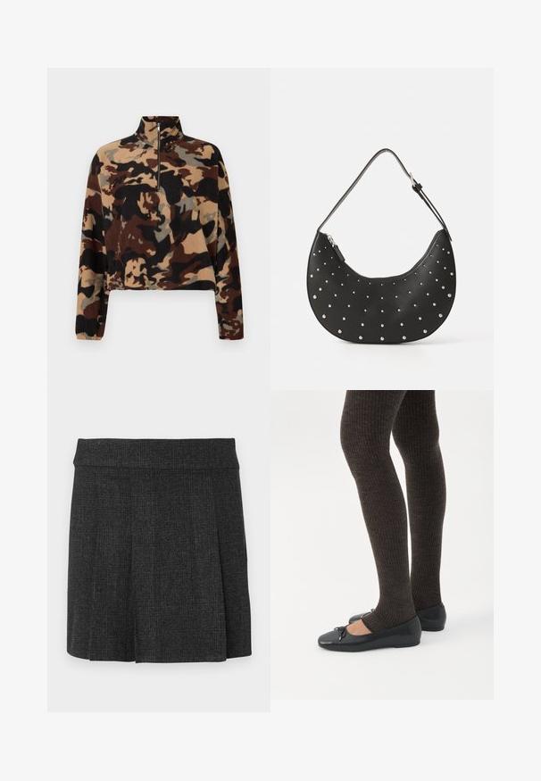 Pull-over en polaire à manches longues avec un motif camouflage brun, noir et beige, doté d'un col zippé mi-hauteur et de poignets élastiques.; Jupe noire plissée en tissu texturé. Ceinture mi-haute avec des lignes épurées. Coupe classique adaptée à diverses occasions.; Jambes portant des leggings côtelés foncés associés à des ballerines noires avec de petits détails en nœud sur fond blanc.; Sac à main en cuir noir avec une forme arrondie, orné de clous en argent, doté d'une fermeture éclair et d'une seule sangle ajustable.