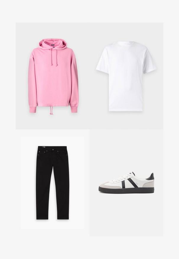 Lyserød hættetrøje lavet af blødt stof med snøre i hætten, ribbede kantbånd og en snøre i bunden til justering af pasform. Glat tekstur.; Hvid kortærmet t-shirt lavet af bomuld med rund hals, der har en glat tekstur og et simpelt design uden mønstre eller accenter.; Sorte lige ben jeans med for- og baglommer, bæltestropper samt knappeslås og lynlås, lagt fladt på en hvid baggrund.; Hvide sneakers med sorte og grå detaljer, med en tekstureret grå tåhætte, sort gummisål og flade hvide snørebånd. Rent design, minimalistisk stil.