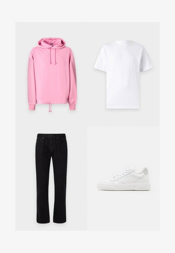 Roze hoodie van zacht materiaal met een trekkoordkapuchon, ribgebreide manchetten en een trekkoord aan de onderkant om de pasvorm aan te passen. Glad textuur.; Witte T-shirt met korte mouwen, gemaakt van katoen, met een ronde hals. Het heeft een gladde textuur en een eenvoudig ontwerp zonder patronen of accenten.; Zwarte denim jeans met een rechte pijp, voorzien van vijf zakken, een knoopsluiting en subtiele stiksels. Glad textuur.; Witte leren sneakers met een gladde afwerking, ronde neus, platte veters en een gestructureerde zool. Grijze suède accent bij de hiel.