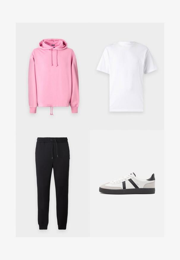 Lyserød hættetrøje lavet af blødt stof med snøre i hætten, ribbede kantbånd og en snøre i bunden til justering af pasform. Glat tekstur.; Hvid kortærmet t-shirt lavet af bomuld med rund hals, der har en glat tekstur og et simpelt design uden mønstre eller accenter.; Sorte joggerbukser med elastisk talje og snøre, tætsiddende manchetter og blødt tekstil. Enkel, minimalistisk design uden mønstre eller udsmykninger.; Hvide sneakers med sorte og grå detaljer, med en tekstureret grå tåhætte, sort gummisål og flade hvide snørebånd. Rent design, minimalistisk stil.